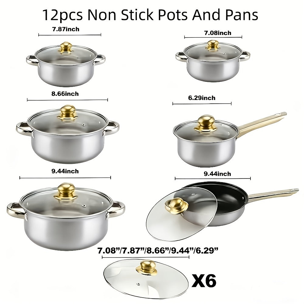 Stainless Steel Cookware Set 10 12 15 Piece Pots with Lids Double Handles Cooking Pot Set for Soup Hot Pot Noodles Pasta Home and Restaurant Kitchen Multiple Colors and Sizes Available
