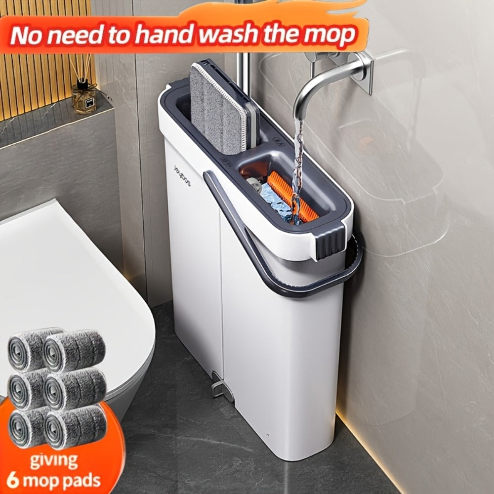 Flat Mop and Bucket System with Washable Reusable Microfiber Pads Dual Bucket Wringer Wet Dry Floor Mop for Hardwood Tile Marble Wall Cleaning Stainless Steel Handle 12.99in or 15.74in Mop Head