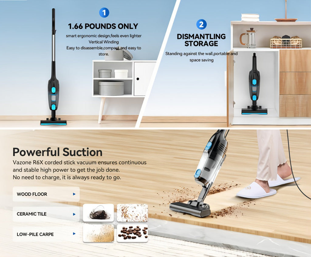 Cordless Stick Vacuum 30KPa 600W Motor 68oz Bagless Upright Lightweight Vacuum Cleaner for House Car Hard Floor Carpet Pet Hair Multi-Color
