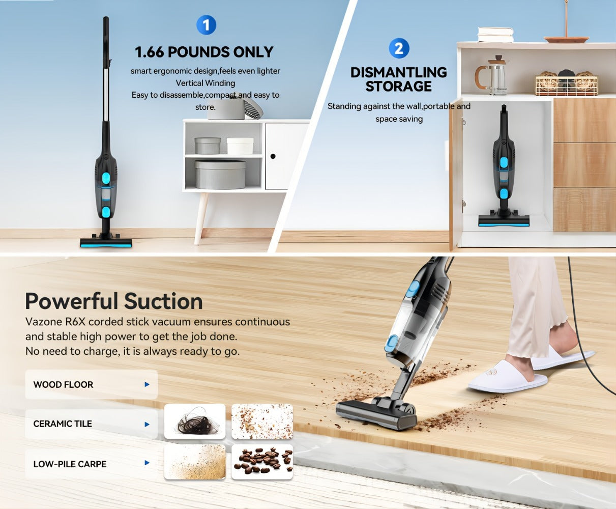 Cordless Stick Vacuum 30KPa 600W Motor 68oz Bagless Upright Lightweight Vacuum Cleaner for House Car Hard Floor Carpet Pet Hair Multi-Color