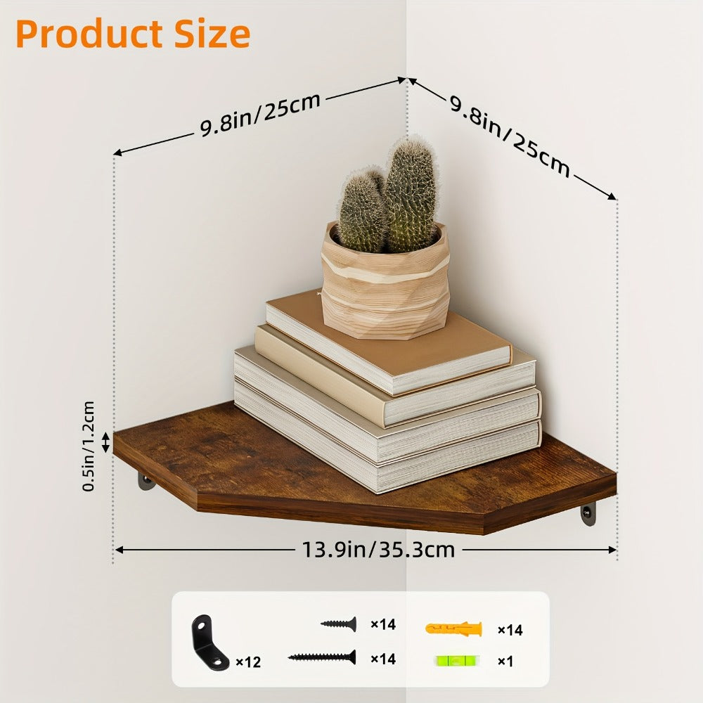 Corner Floating Wall Shelf - Rustic Wood Wall Organizer for Living Room Bedroom Bathroom Kitchen, Space-Saving Display Rack, Country Style Corner Shelf Set of 2 4 6, Brown Black White Home Decor