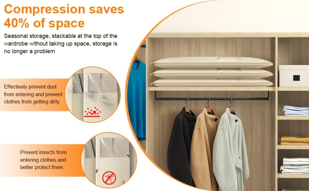 Hanging Garment Bag with Compression Zipper Space Saving Dustproof Clothes Storage Bag with Self Compression Zip Technology for Suits Dresses Coats Closet Wardrobe Organization Beige