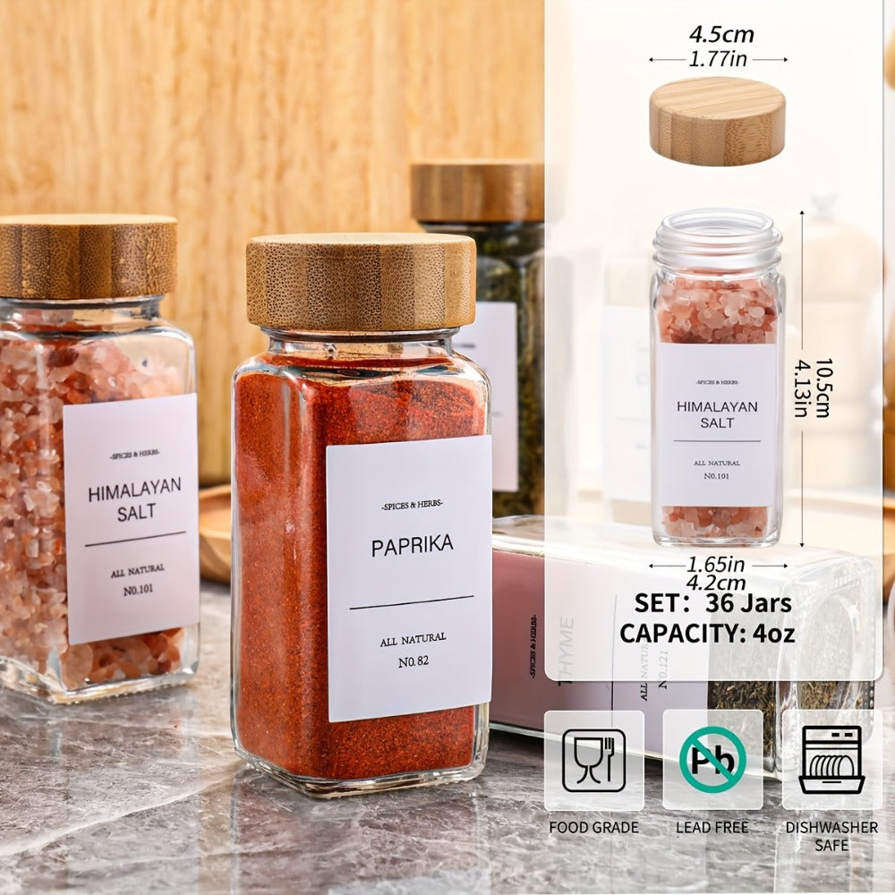 Glass Spice Jars 4oz with Bamboo Lids Labels and Collapsible Funnels Seasoning Storage Bottles for Spice Rack Cupboard Pantry Kitchen Organization 15 24 or 36pcs