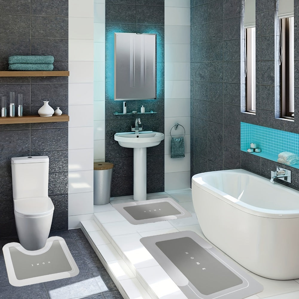Diatomaceous Earth Bath Mat Set 3pcs Non-Slip Super Absorbent Bathroom Rug - Quick Dry Machine Washable Toilet Mat for Shower Room, Hotel & Home | Safe Non-Slip Backing | Blue, Coffee & Gray