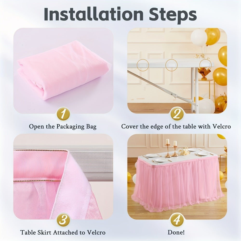 Pink Tutu Table Skirt 6ft ¨C Ruffle Tulle Table Skirt for Rectangle & Round Tables, Princess Girls Birthday Party, Cake Dessert Table Decor, Gold Brim, Multiple Colors Available