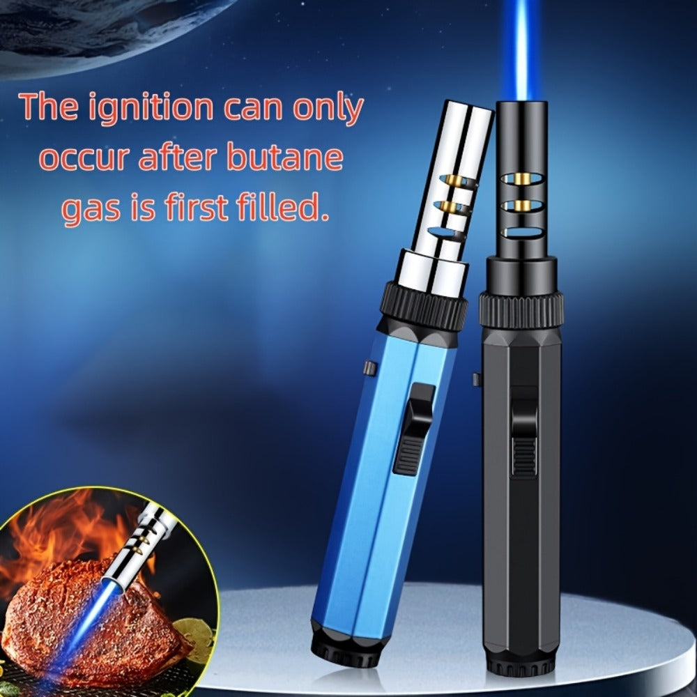 Windproof Jet Flame Torch Lighter with Safety Lock & Switch Lock, Large Adjustable Flame, Outdoor Torch for Campfire BBQ Baking Camping, Gas Not Included, Black Silver Blue