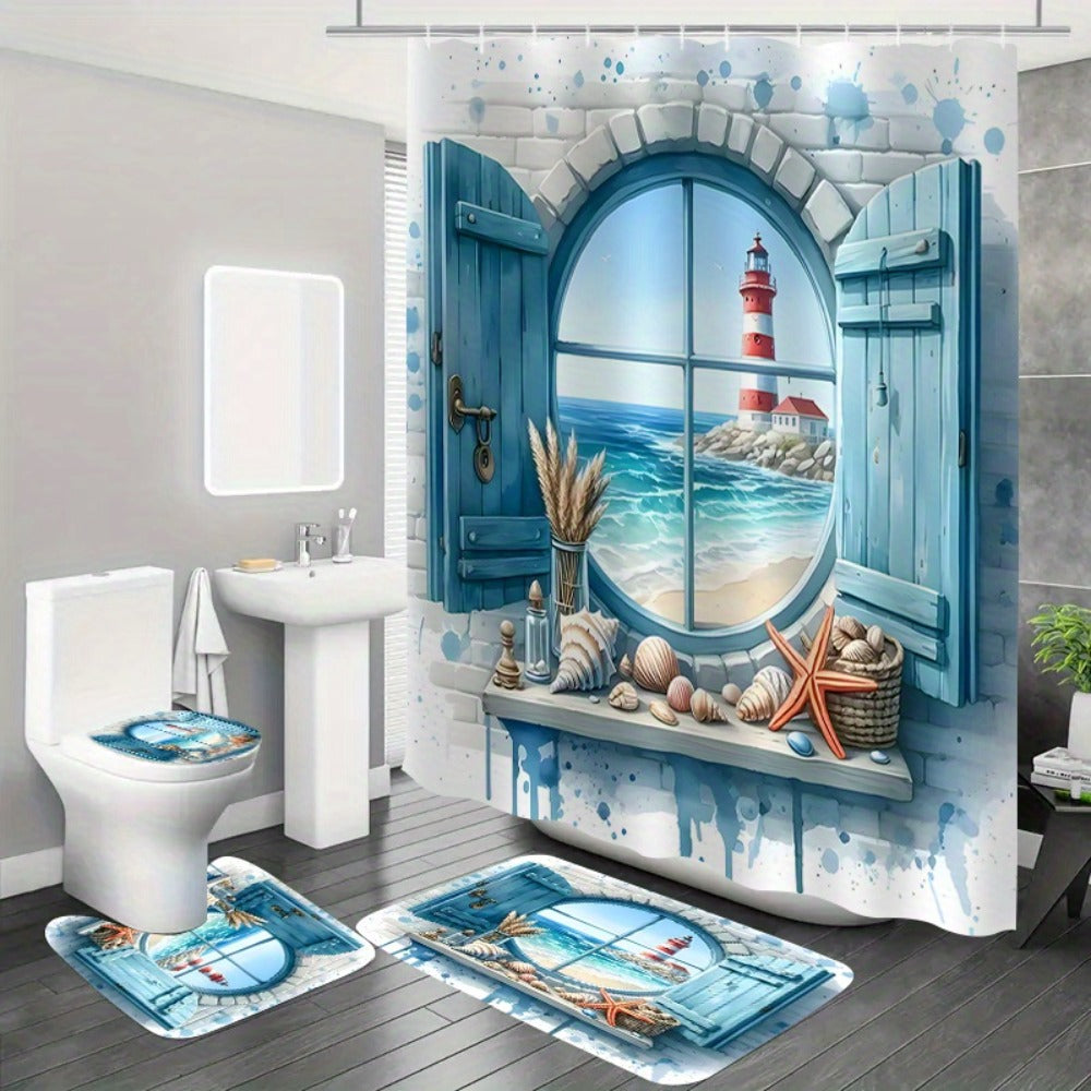Lighthouse Shower Curtain Set with Ocean View Pattern ¨C Nautical Bathroom Decor with Non-Slip Mat, Toilet Seat Cover & 12 Hooks for Apartment Hotel