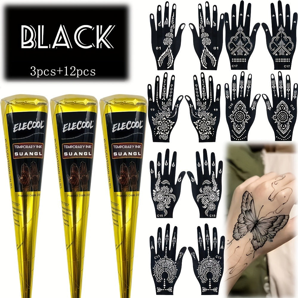 Temporary Semi-Permanent Tattoo Paste Kit - Waterproof Body Art Gel in Brown & Black with Tattoo Templates, Safe Non-Irritating Henna-Style Ink for Parties, Festivals, Cosplay & Daily Decoration