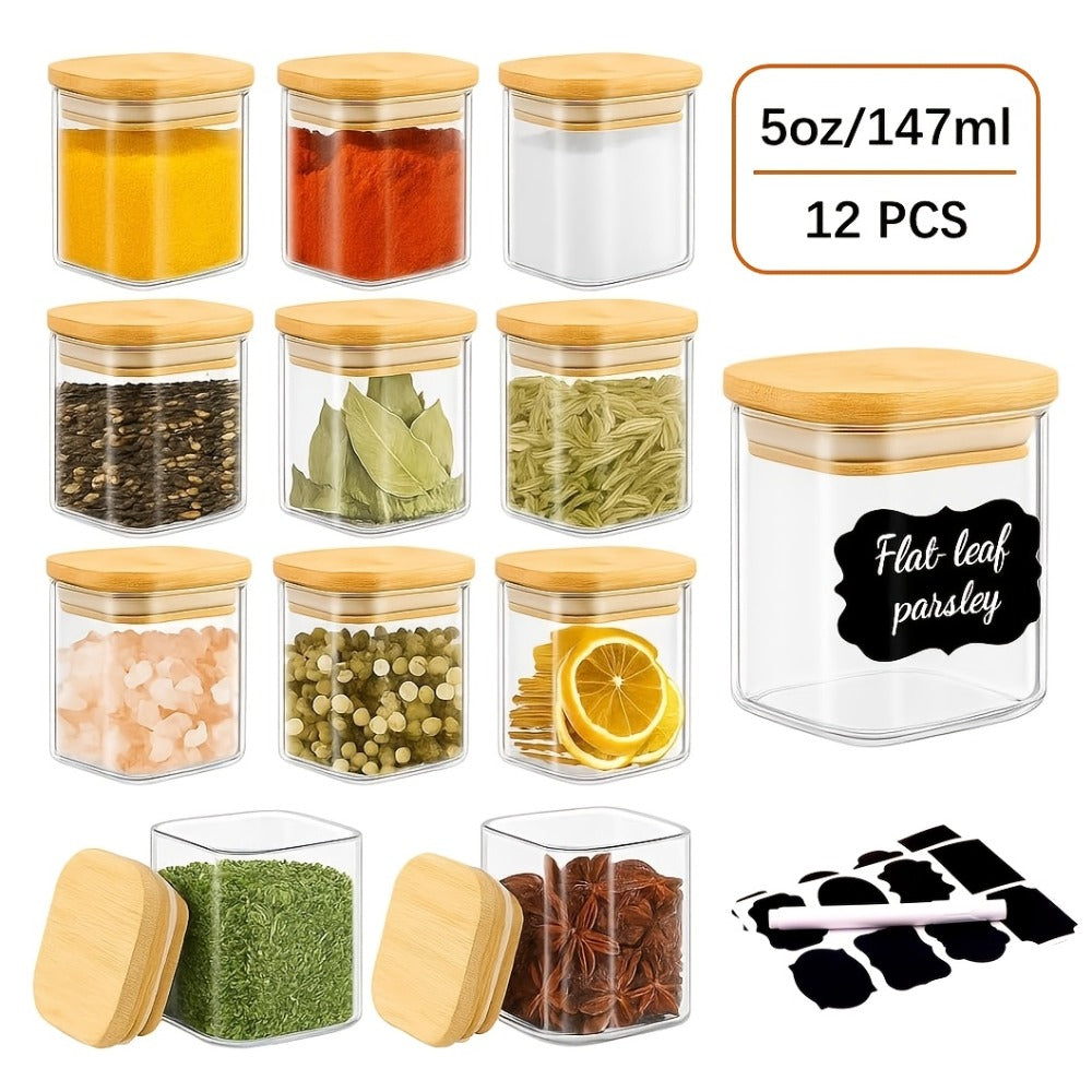 Spice Glass Jars Set with Labels 12pcs, Square Glass Spice Jars with Bamboo Lids, Sticker Labels, 5oz 7oz 9oz Food Storage Containers