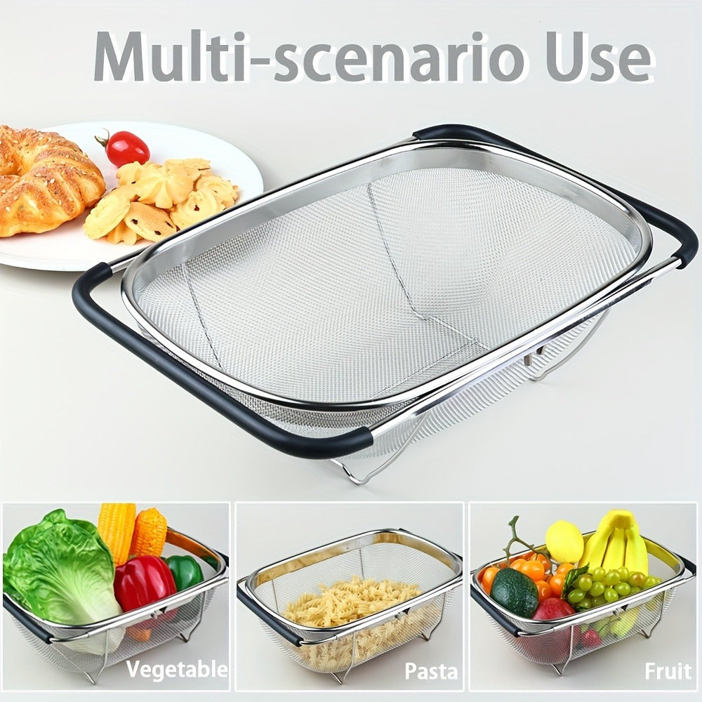 Expandable Sink Colander Stainless Steel ¨C Over the Sink Strainer Basket with Fine Mesh & Rubber Grip, Adjustable Kitchen Drain Strainer for Vegetables, Fruits & Pasta, Small & Large Size