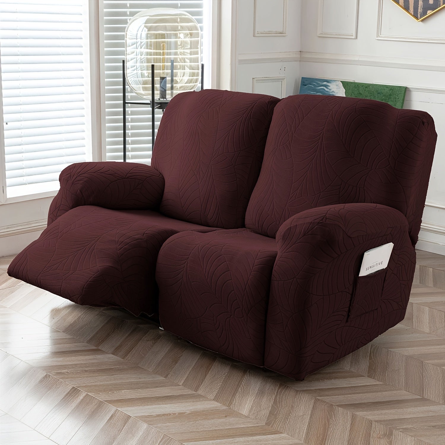 Jacquard Stretch Sofa Recliner Cover Big Leaves - High Stretch Soft Washable Slipcover for 1 2 3 Seat Loveseat with Console Furniture Protector Home Decor, 6 Colors