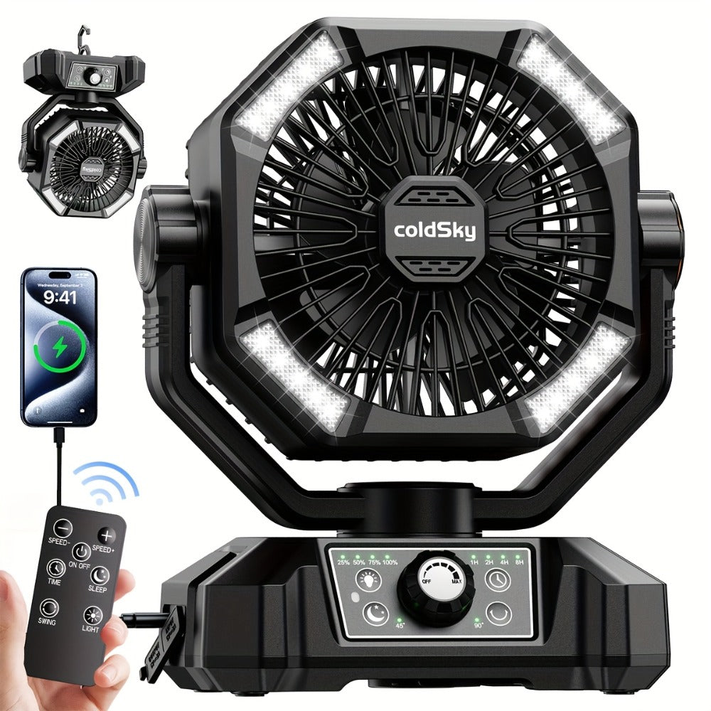 Camping Fan 20000mAh Dual Motor High-Velocity, 8-Speed Remote Control with 4 LED Lanterns and Tent Hook, Portable Outdoor Fan for Camping, Power Outages, Construction Sites and Emergency Use