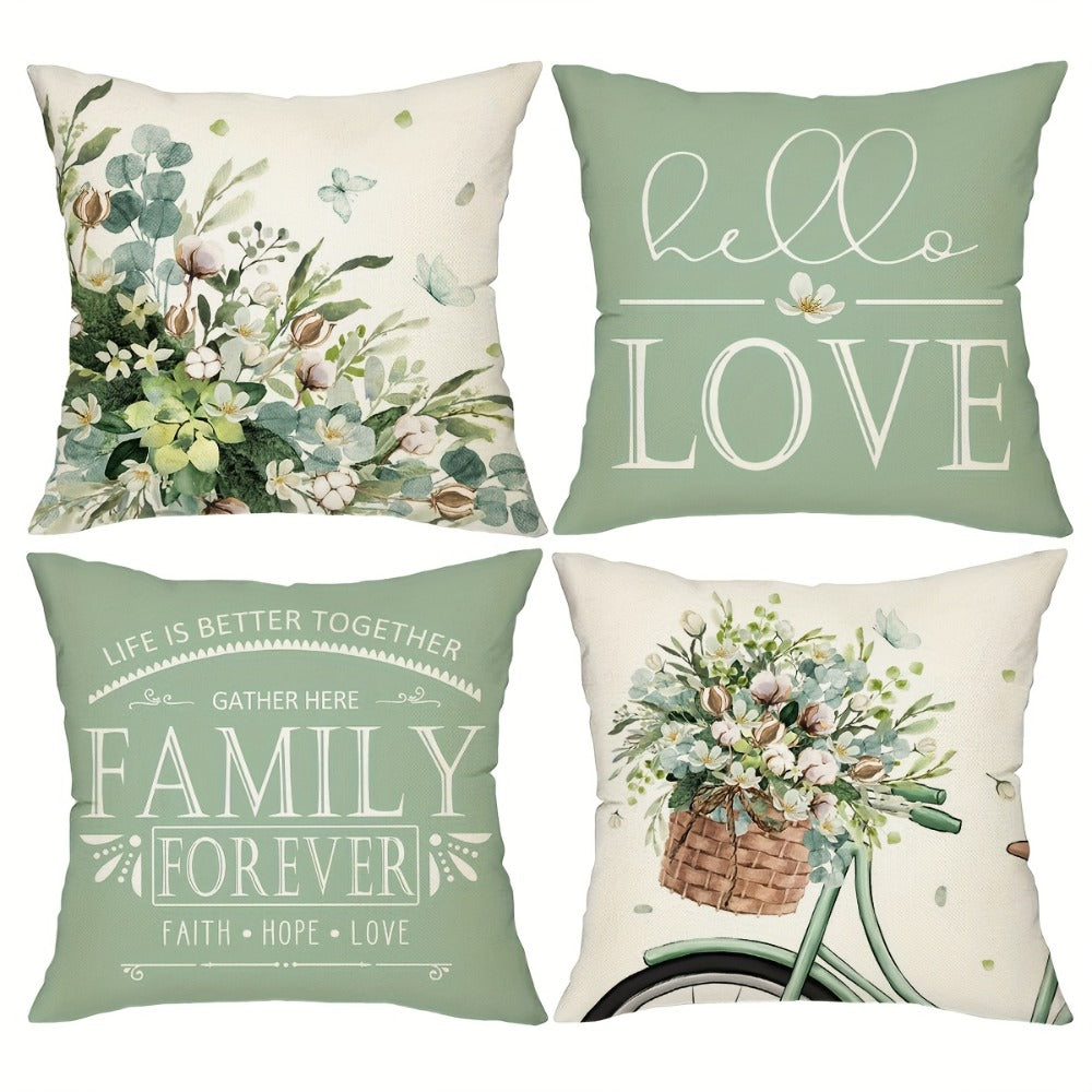 Farmhouse Eucalyptus Leaves Throw Pillow Covers 4 Pack Floral Bicycle Spring Summer Seasonal Decor Cushion Covers 18x18 Inch Rustic Holiday Pillowcases for Sofa Couch Porch Patio Living Room Outdoor