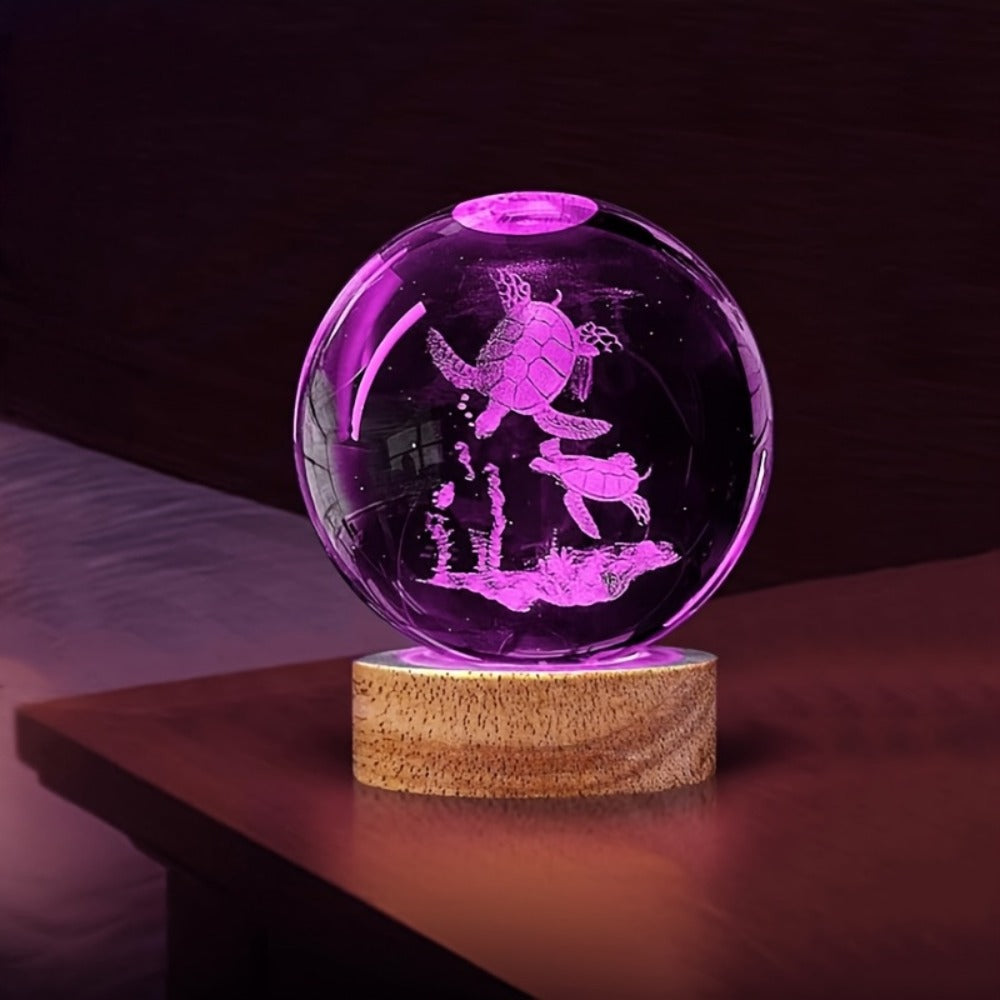 3D Sea Turtle Crystal Ball Night Light ¨C LED Color Glow Glass Orb Lamp with Bamboo Base, Ocean Animal Figurine Desk Light for Home Bedroom Decor, Unique Gift for Turtle Lovers, Elders & Friends (2.36in)
