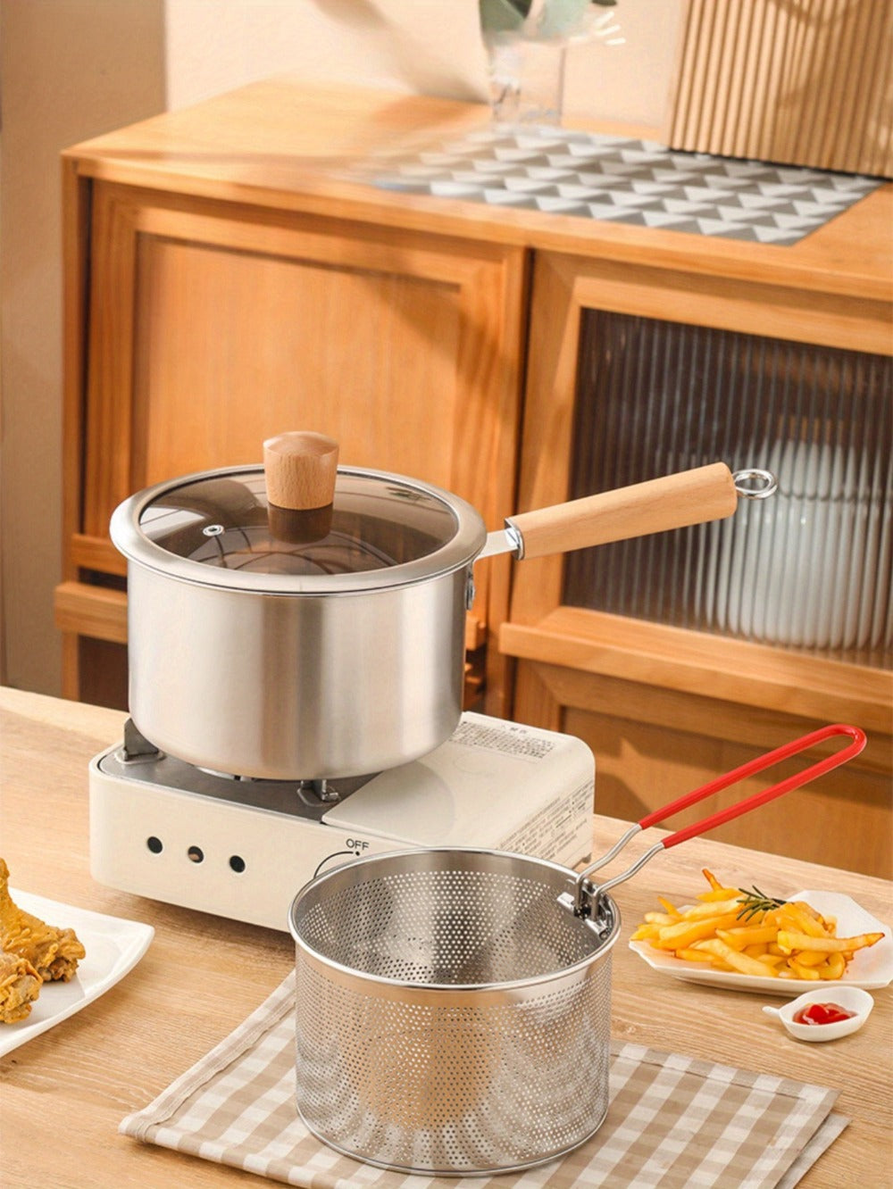 Stainless Steel Deep Fryer Pot Set with Frying Basket & Glass Lid, Non-Stick Multi-Function Cookware for Deep Frying, Noodles, Steaming & Ricotta, Induction & Gas Compatible