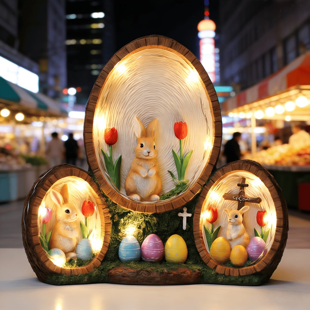 Handmade Resin Easter Egg Ornament - Painted Tulip Rabbit & Cross Decoration | Glowing Home Decor Accent for Easter, Valentine's Day & Spring Celebrations | High-End Resin Craft Holiday Gift