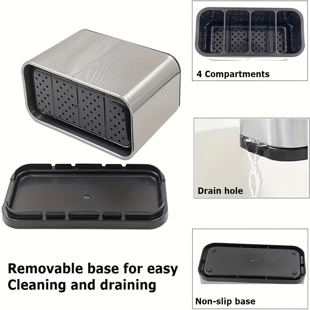 Utensil Holder Stainless Steel Cutlery Organizer 4-Compartment Countertop Caddy Anti-Slip Drain Holes for Kitchen Forks Knives Spoons Chopsticks