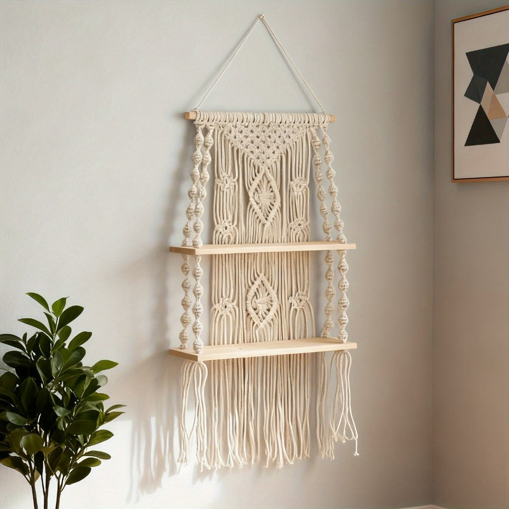 Macrame Wall Hanging with Tassel, Boho Woven Wall Decor for Living Room Bedroom Balcony, Two-Layer Lace Plant Hanger for Photo Frames & Small Plants ¨C Bohemian Home Decor Wall Art