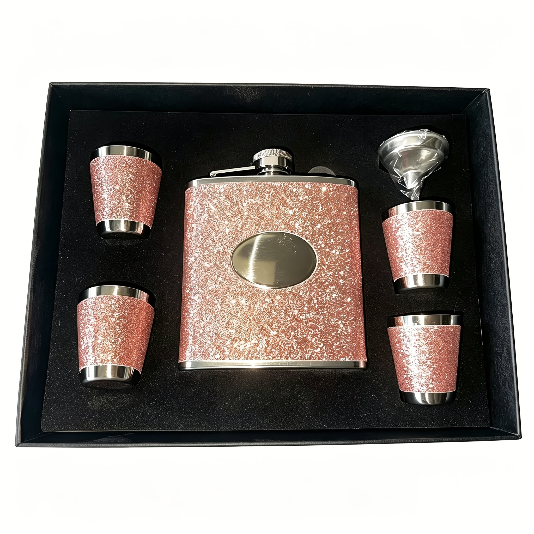 Flask Set for Women 6oz Leather Wrapped Stainless Steel Hip Flask Gift Set with 4 Cups and Funnel Pink Orange Blue Holiday Christmas Valentine Gift for Girlfriend Mom