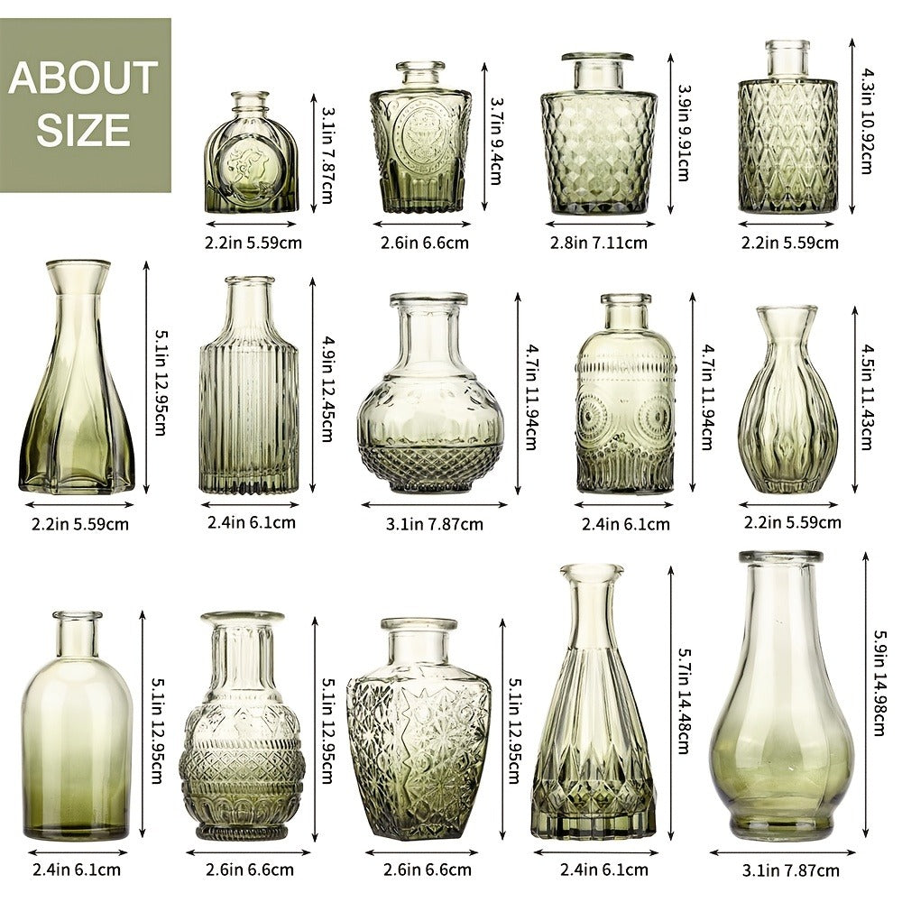 Glass Bud Vase Set 12pcs Bulk Mini Vintage Flower Vases Multicolor Relief Design - Centerpiece Decor for Wedding Home Table Party Living Room Boho Floral Arrangement