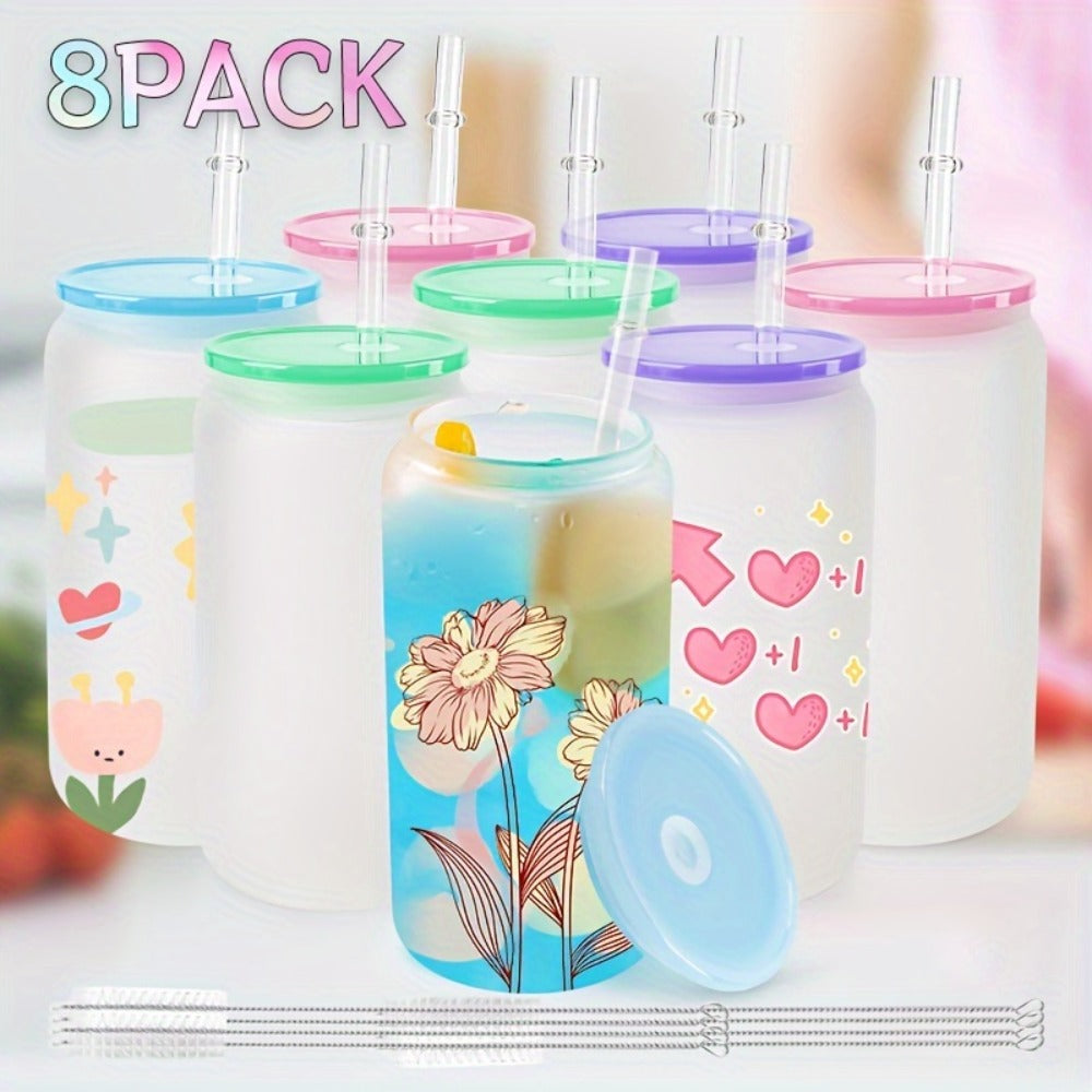 Frosted Sublimation Glass Tumblers 16oz Borosilicate Can Cups with Acrylic Lids ¨C Set of 8 or 12 for Juice, Soda & Iced Coffee