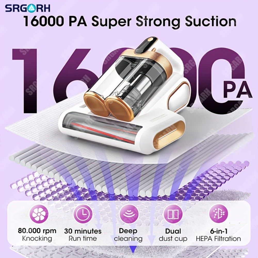 Cordless Mattress Vacuum Cleaner 16Kpa UV Light & 80000 RPM Sonic Technology, 3-Min Fast Charge Handheld Bed Vacuum for Mattress Sofa Carpet Dust Mites