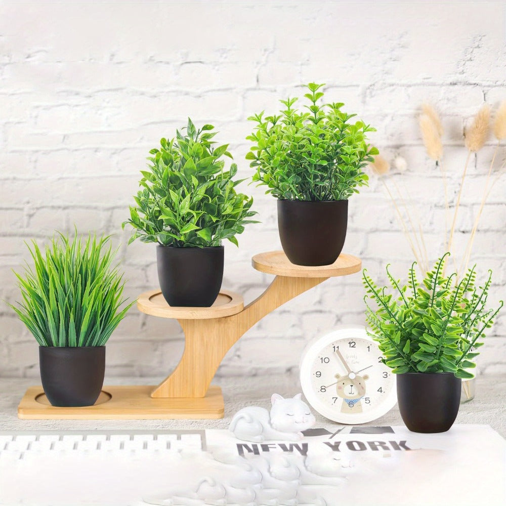 Artificial Plants 4 Pack Small Fake Plants in Black Pots for Bathroom Home Office Desktop Indoor Decor - Mini Faux Greenery Set for Shelf Table Desk