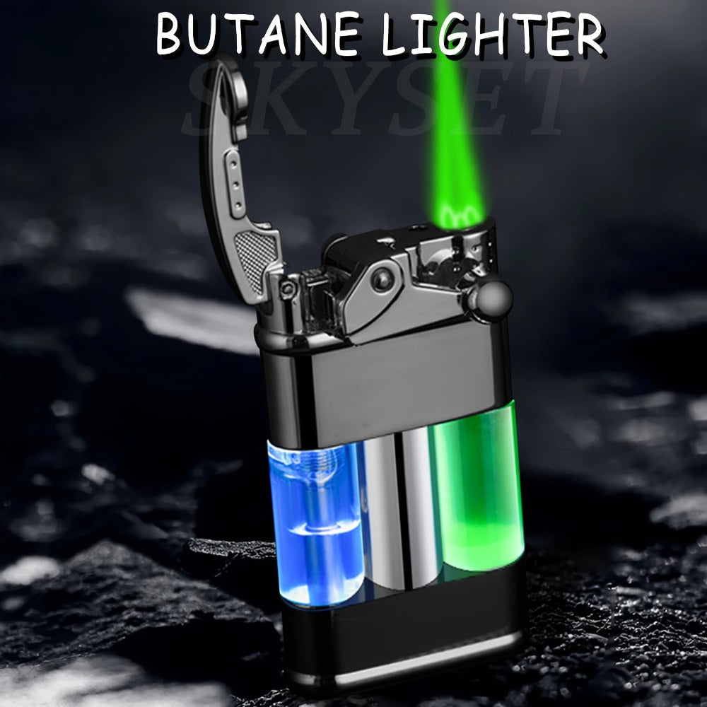 Green Flame Metal Lighter Windproof ¨C Refillable Butane Gas Lighter with Adjustable Flame, Fuel Window & Rocker Arm Ignition, Cool Multifunctional Lighter for Outdoor Camping BBQ Cigars (No Butane)