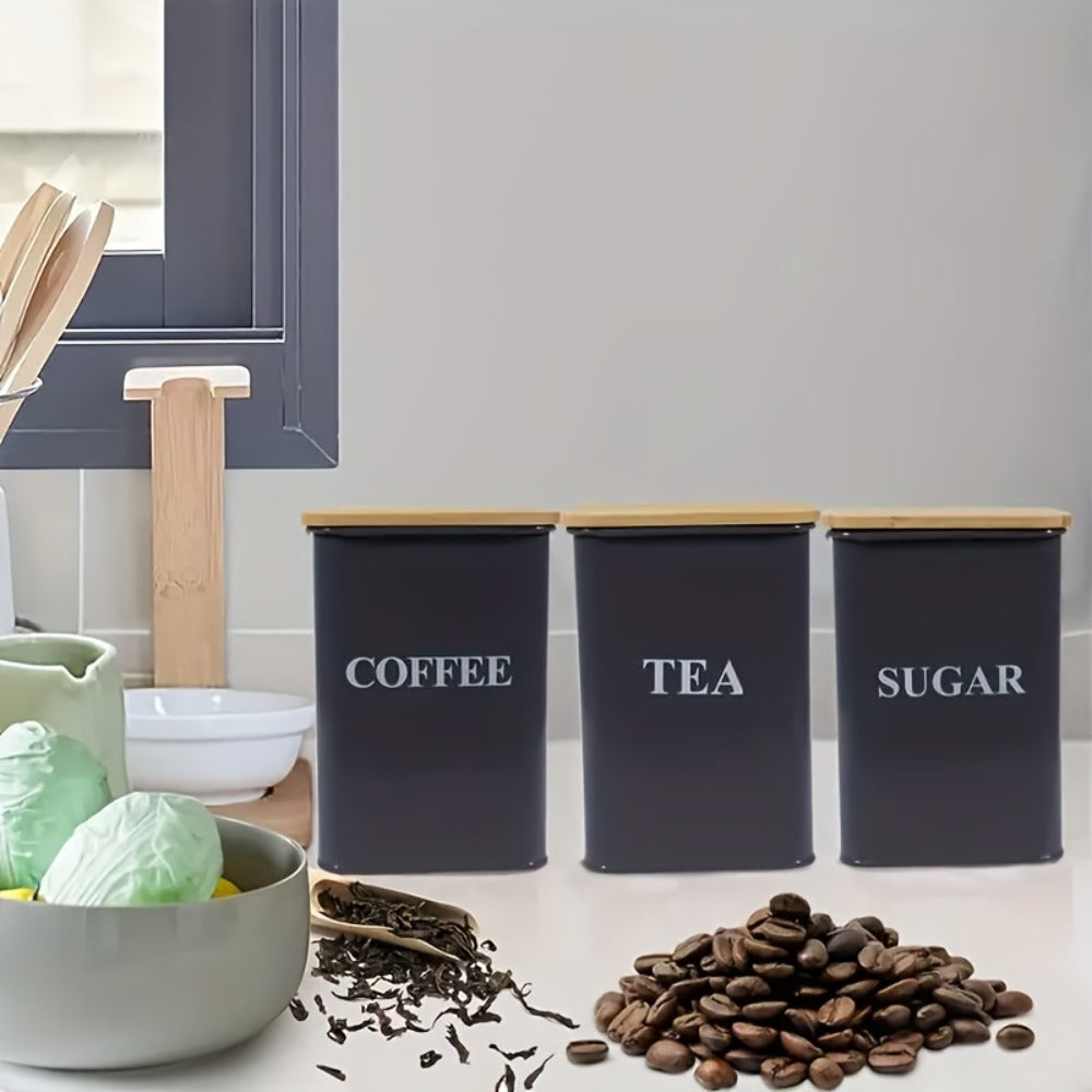 3-Piece Metal Kitchen Canister Set with Wooden Lids ¨C Coffee Tea Sugar Storage Jars, Airtight Kitchen Organizer Tins, Black or White Home Decor Gift Set
