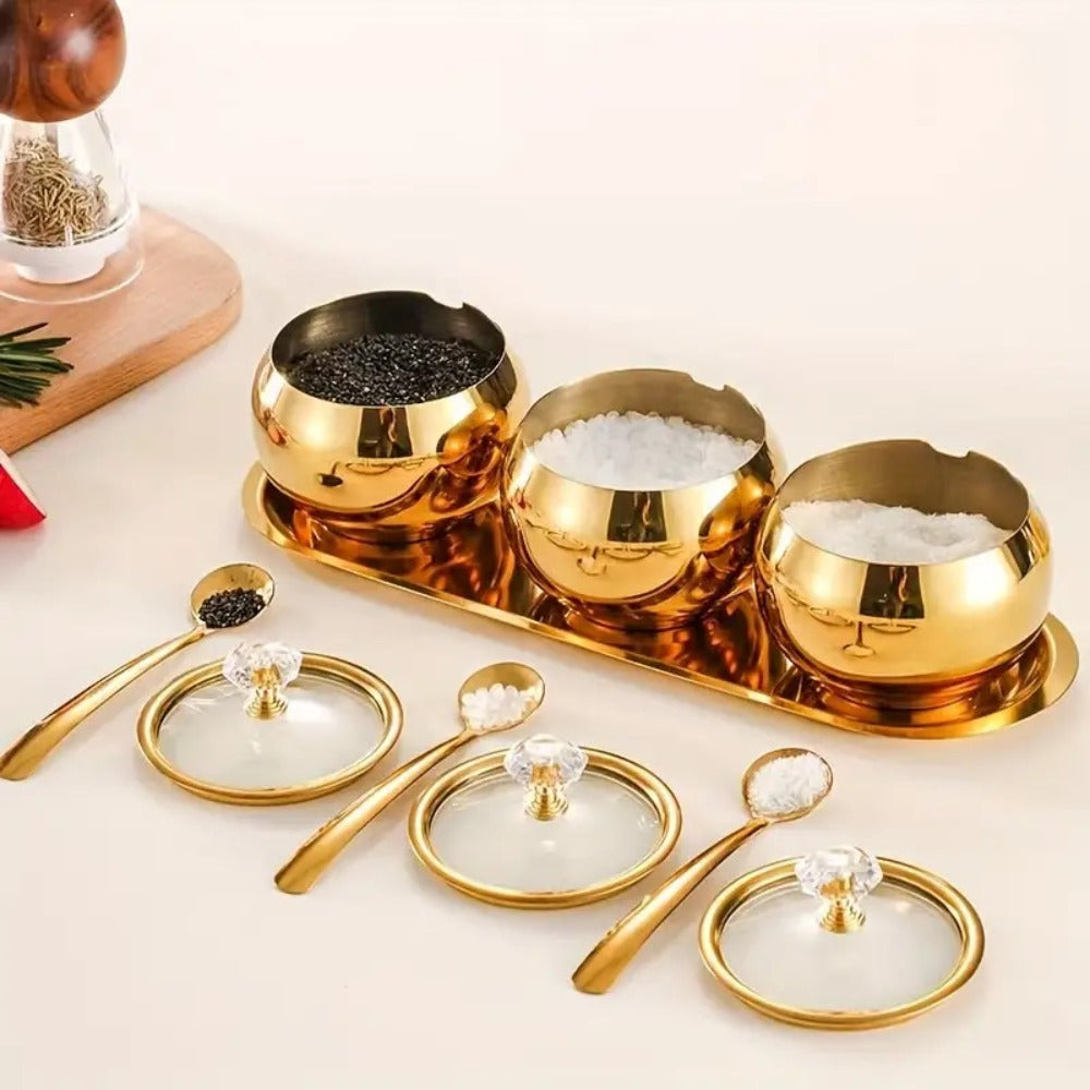 Golden Stainless Steel Seasoning Jar Set 2 or 3pcs Spice Containers with Lid and Spoon Serving Tray for Pepper Salt Spices Candy Coffee Beans Kitchen Organizer