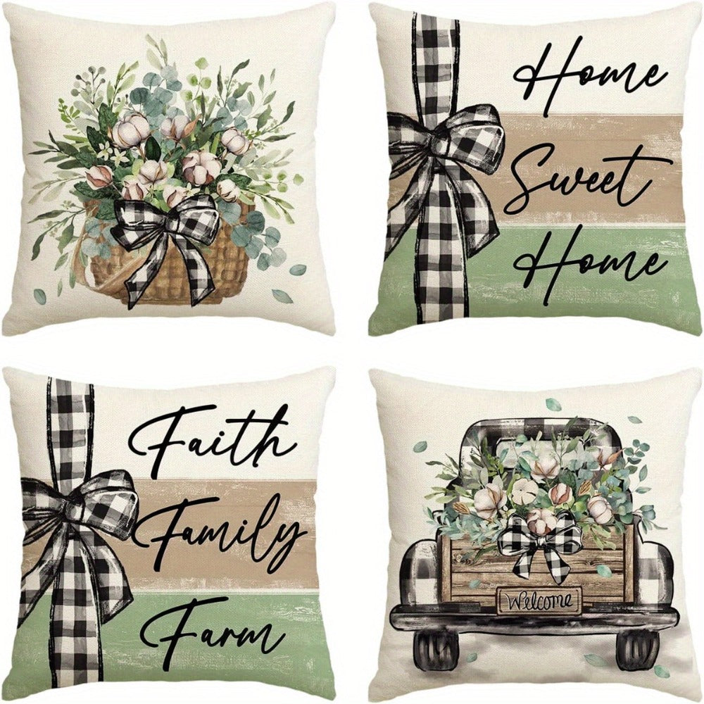 Farmhouse Throw Pillow Covers 4pcs Set Rustic Linen Eucalyptus Leaves Botanical Square Cushion Cases Decorative Pillow Covers for Living Room Bedroom Couch Sofa Home Party Decor Single-Sided Print No Insert