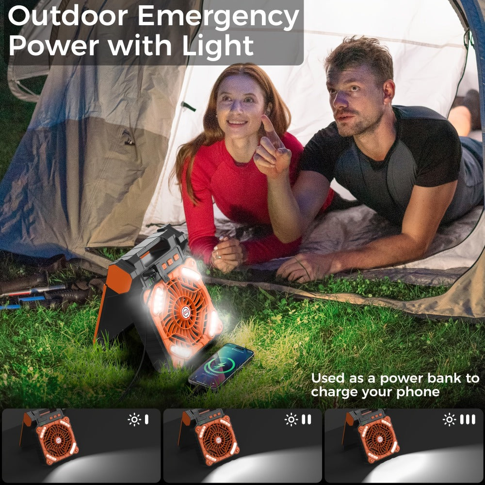 Solar Camping Fan 10400mAh Rechargeable with Solar Panel LED Light Timer USB Battery Powered 2-in-1 Fan and Light for Travel Picnic Outdoor Indoor Sleeping