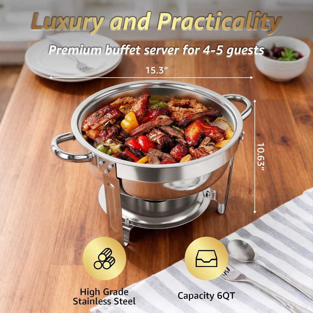 Golden Chafing Dish Buffet Set with Glass Lid 6QT Round Stainless Steel Food Warmer Chafer for Catering Party Dinners Weddings, Titanium Gold Finish, 2 & 4 Pack