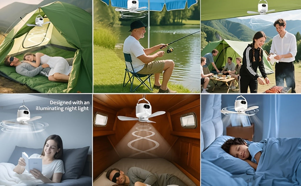 Portable Camping Ceiling Fan 10400mAh USB Rechargeable Remote Control 4-Speed Mute Fan Lamp with Phone Charging for Outdoor Tent Dorm Home White Dark Green