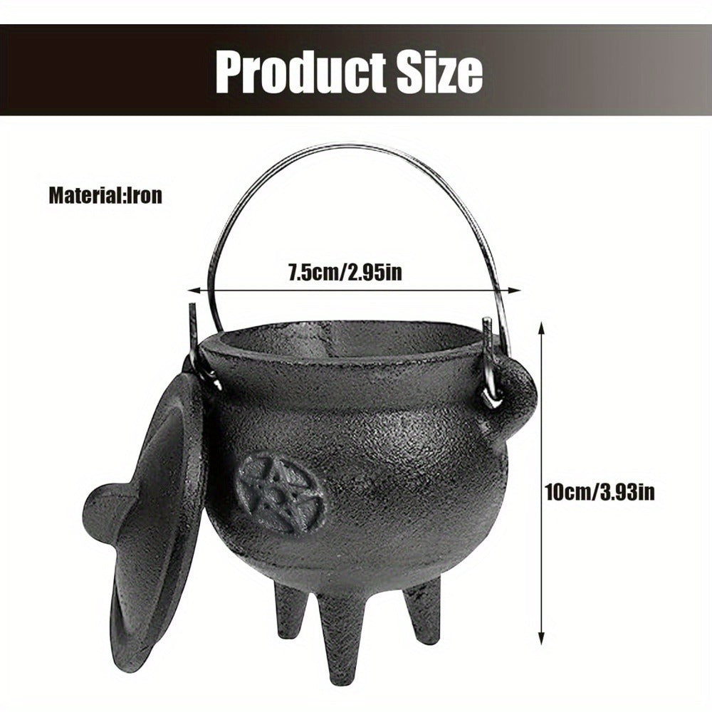 Cast Iron Cauldron with Lid & Handle ¨C Witchcraft Incense Burner, Spell Ritual Pot, Halloween Decor, Pentagram & Triple Moon Styles, Pagan Altar Cauldron