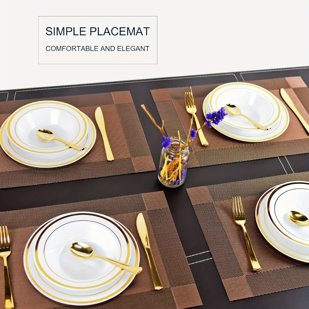 PVC Placemats Set of 6 Heat Resistant Non-Slip Washable Table Mats for Kitchen Dining Table, Easy Clean Vinyl Dinner Mats 11.8x17.7 Inch (Golden, Brown, Silver)