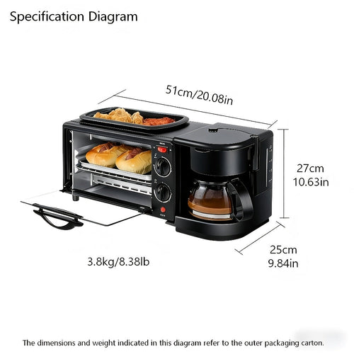 3-in-1 Breakfast Maker Station ¨C Fry Eggs, Toast Bread & Brew Coffee All at Once, Non-Stick Coating, Auto Power-Off Safety Timer, One-Click Operation for Fast Morning Meals