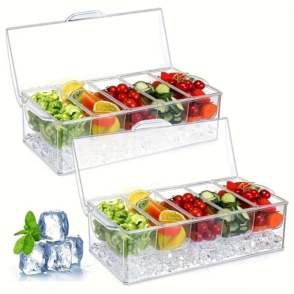 Fruit Salad Bowl with Lid and 5 Compartments, Portable Chilled Serving Tray with 5 Forks and 2 Tongs, Detachable Fruit Storage Box for Party Entertaining Bar Decoration Buffet Table