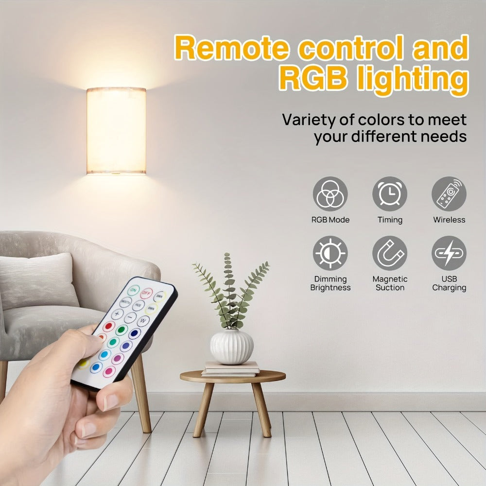 Rechargeable Wall Sconce Set of 2 ¨C Wireless Fabric Shade Wall Light with Remote Control, Magnetic Puck Light, Dimmable CCT or RGB Color, No Wiring for Bedroom Living Room Hallway Decor