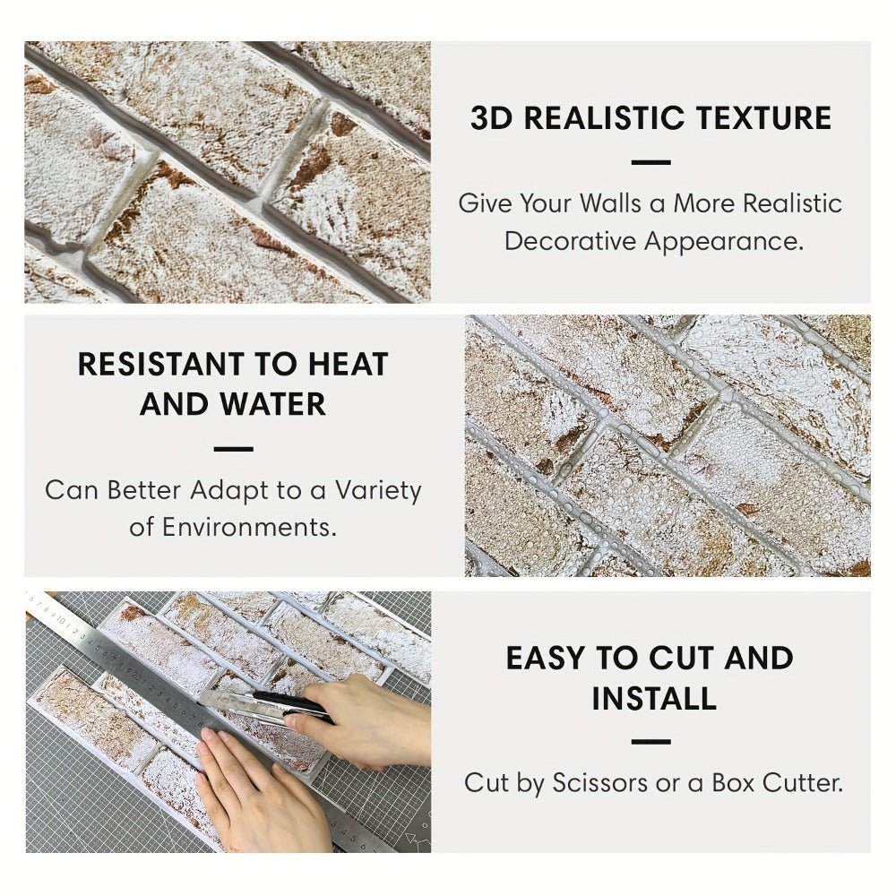 Peel and Stick Brick Wall Panels 3D Faux Brick Tiles 20 Sheets - Self-Adhesive PVC Realistic Texture, No Grout Needed, Waterproof & Heat Resistant for Kitchen Backsplash Fireplace Living Room Bedroom