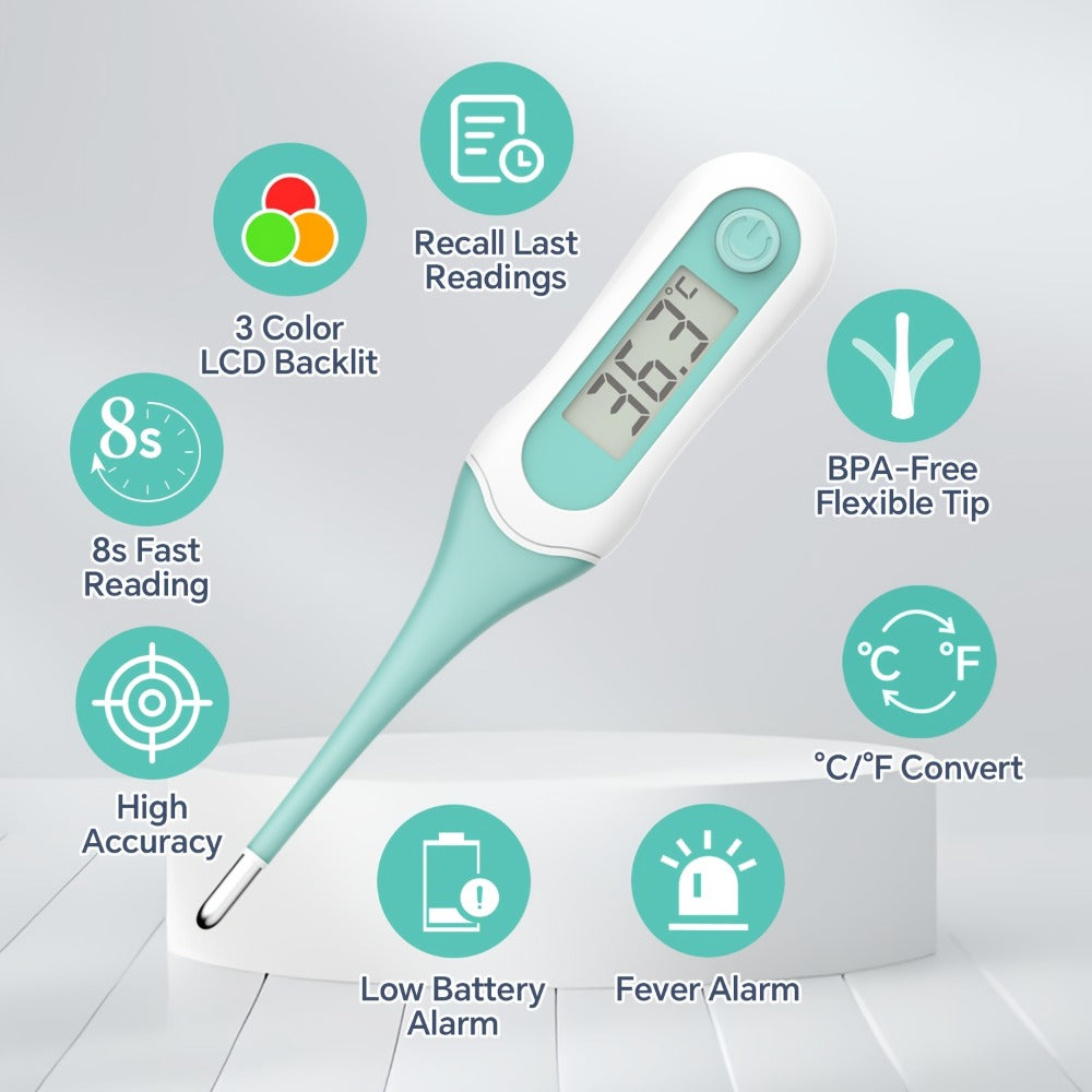 Digital Oral Thermometer for Adults & Kids ¨C 8-Second Fast Read, Bendable Tip, 3-Color Fever Backlight, 32 Memory Records, Rectal Use for Infants, Celsius/Fahrenheit Conversion