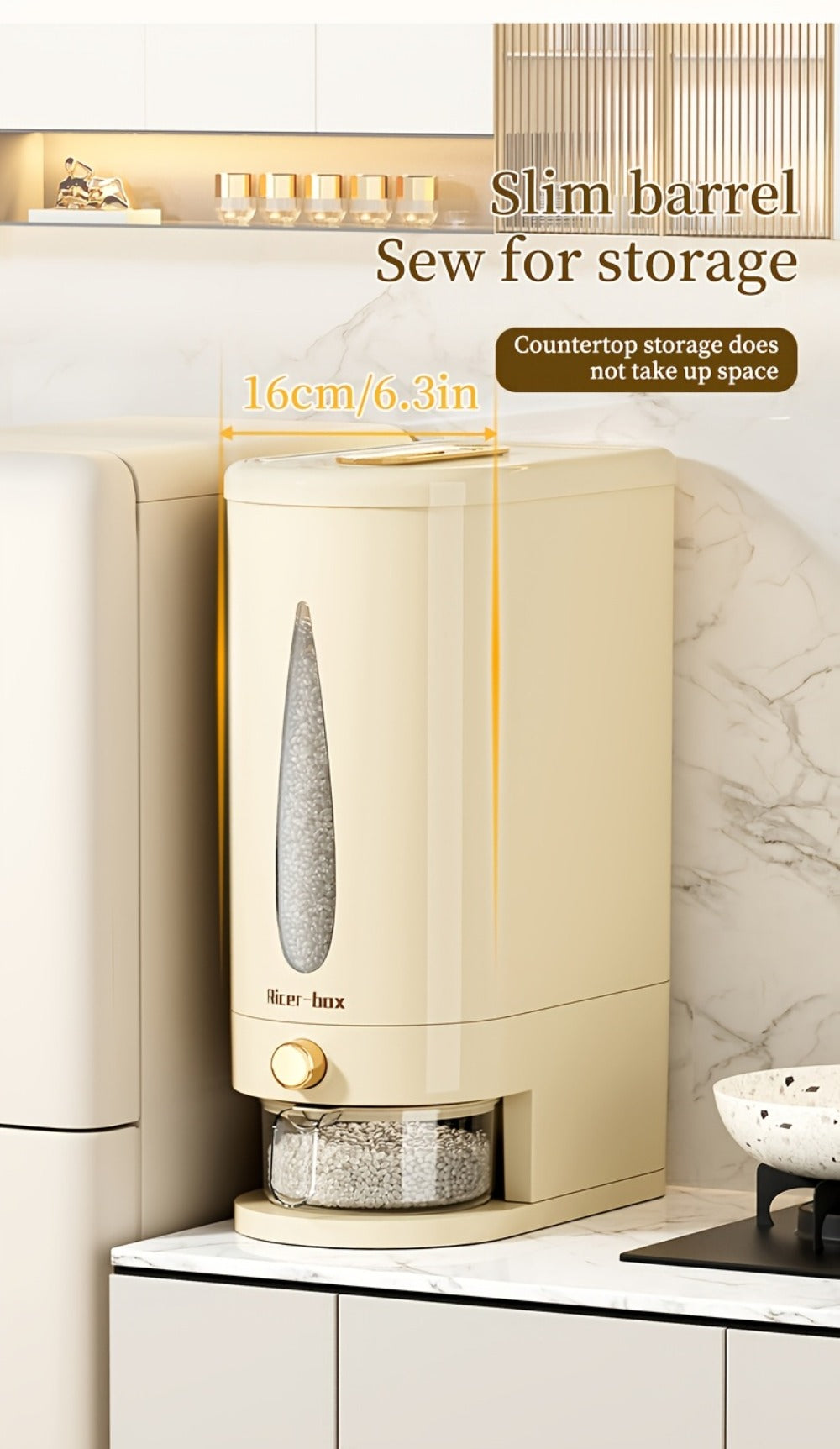 Rice Dispenser Storage Container Press Type Measuring Cup Moisture-Proof Sealed Grain Bin - Large Capacity Airtight Rice Storage Box for Rice Coffee Beans Flour Legumes Pet Food Kitchen Pantry Organizer