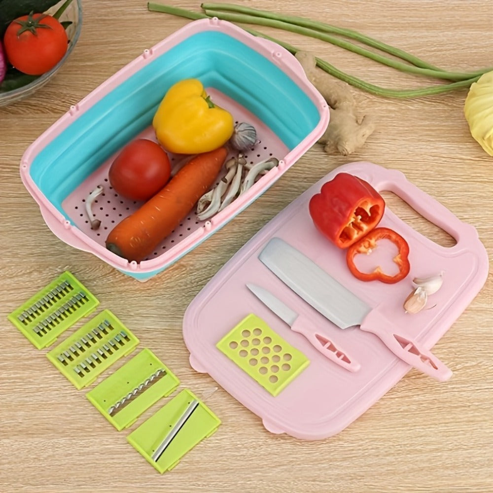 Cutting Board Set 9-in-1 Foldable Chopping Board with Colander Vegetable Wash Basket Drain Basket Kitchen Prep Board Camping BBQ Outdoor Cooking Tool Space Saving Portable Gift