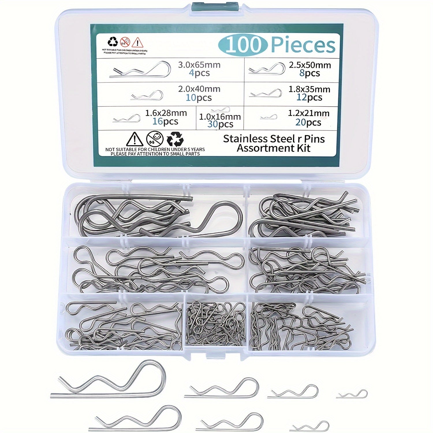 100pcs Stainless Steel R Cotter Pin Assortment Kit ¨C R-Clip Spring Retaining Pins 7 Sizes for Trailer Hitch Automotive Marine Lawn Mower & Agricultural Machinery