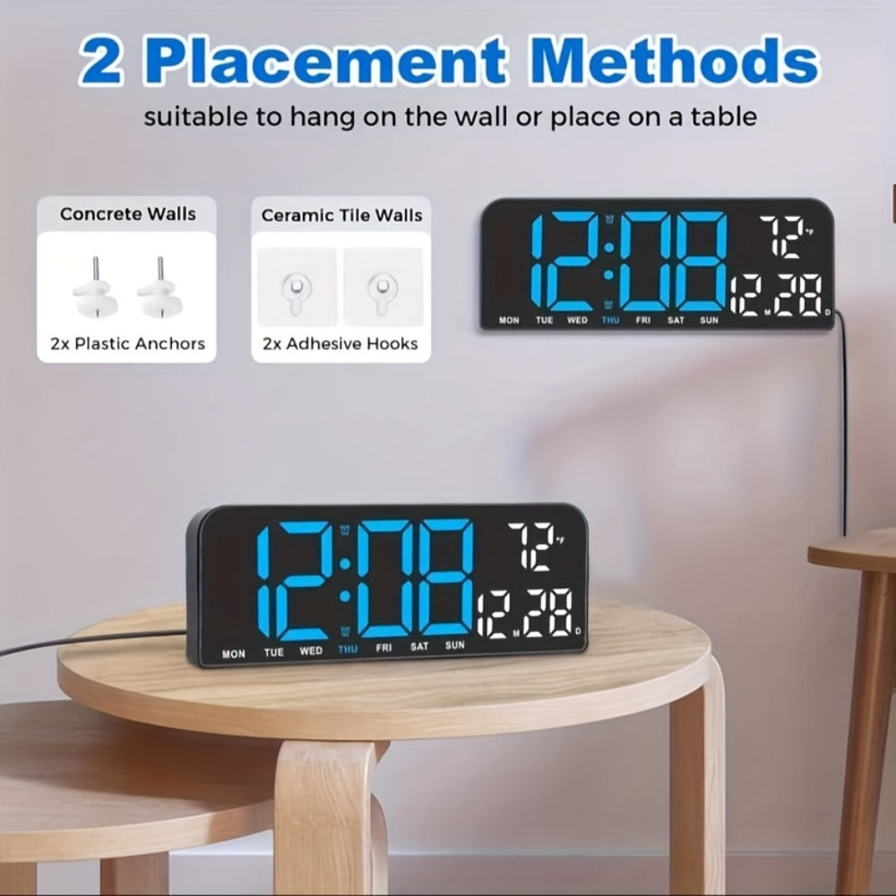 Large Digital LED Wall Clock Dual Alarm Clock with Temperature Date Display Brightness Adjustment 12/24H USB Powered for Living Room Bedroom Office Back to School Gift