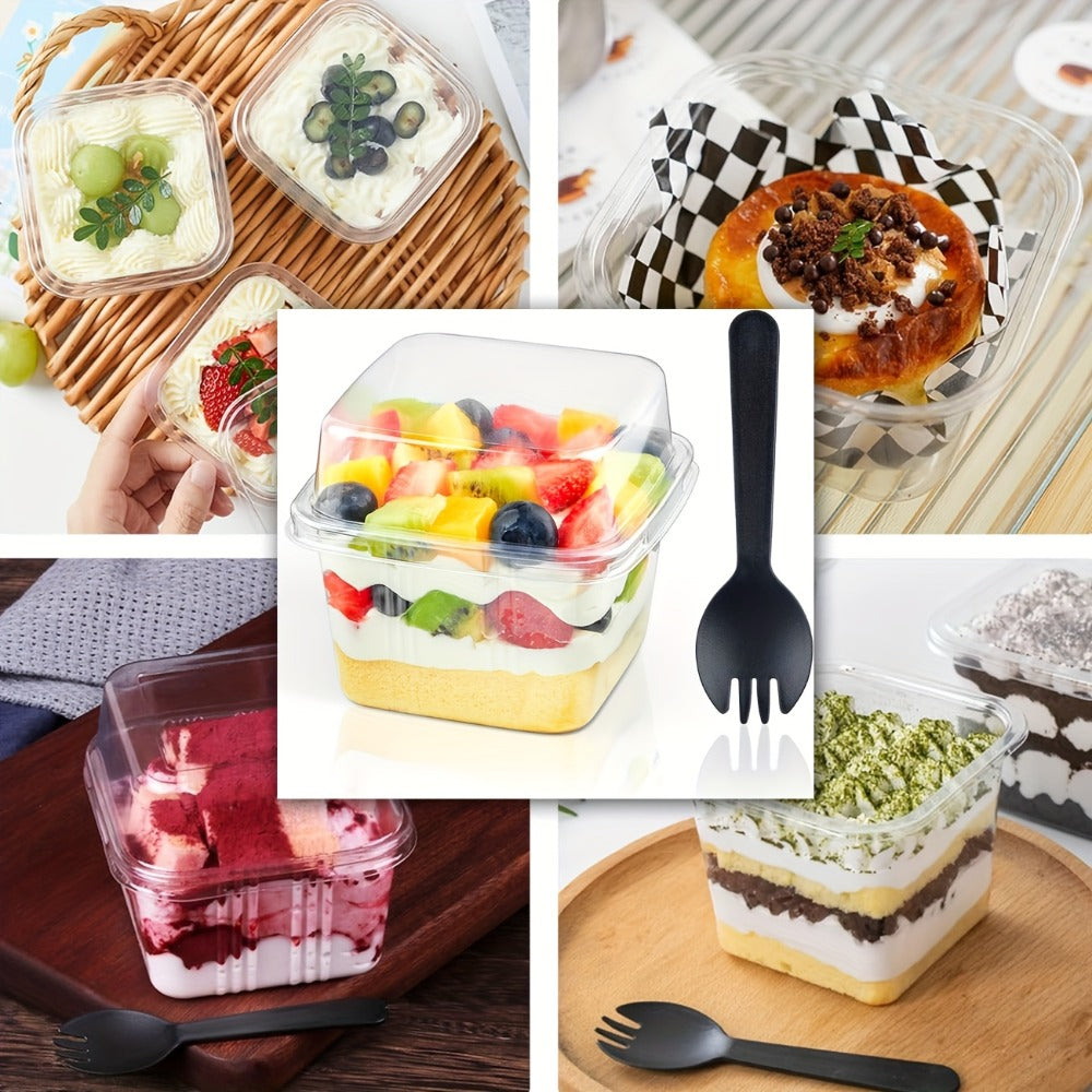 Disposable Dessert Cups 100pcs 8oz Square Clear Plastic with Lids & Sporks | Cake Cups for Pudding, Mousse, Yogurt, Ice Cream - Christmas, Thanksgiving, Valentine's Day & Party Supplies