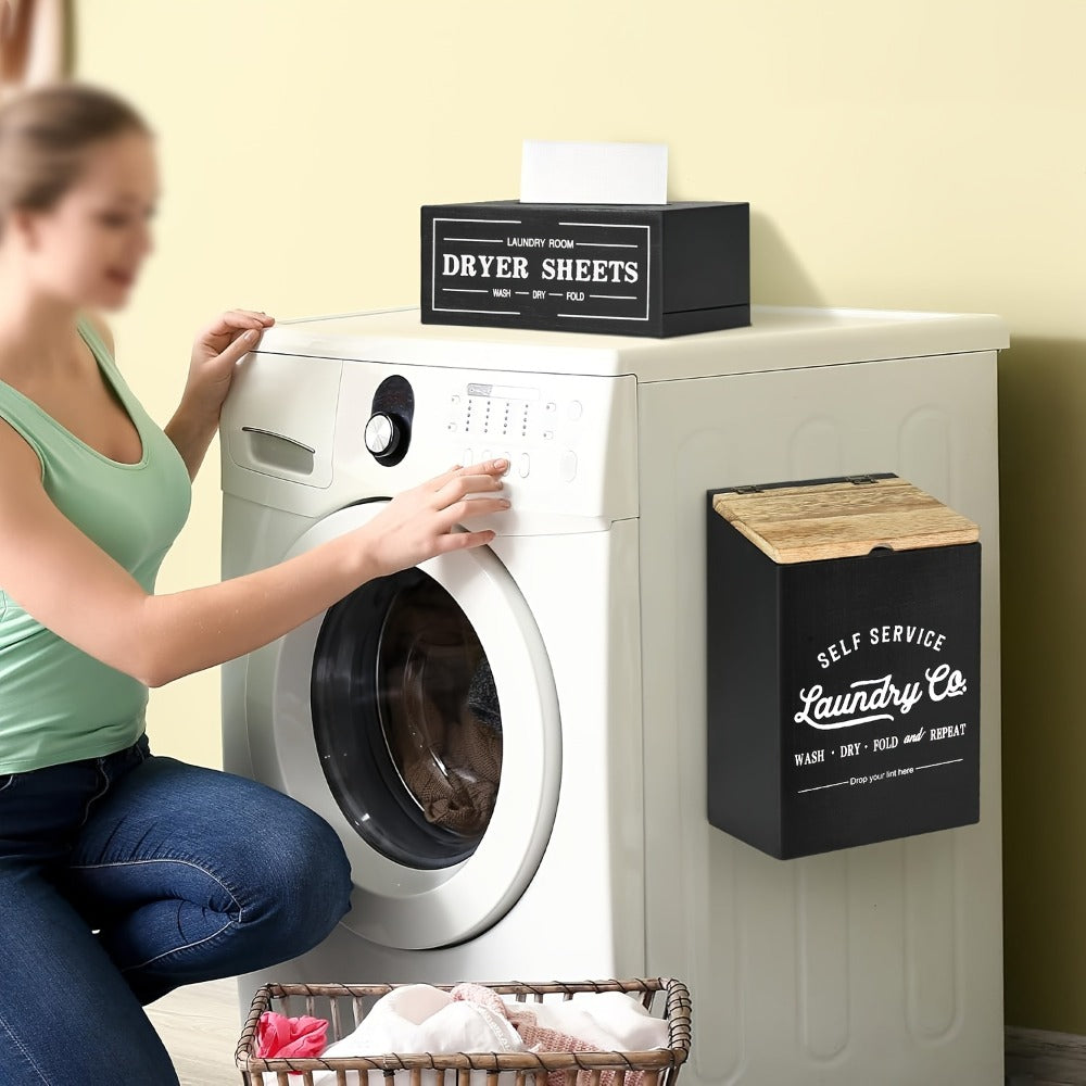 Magnetic Lint Holder & Dryer Sheet Dispenser 2-Pack, Farmhouse Wooden Lint Trash Can with Lid for Dryer, Wall Mount Dryer Sheet Box Organizer for Laundry Room Decor, Magnetic Laundry Organizer Set