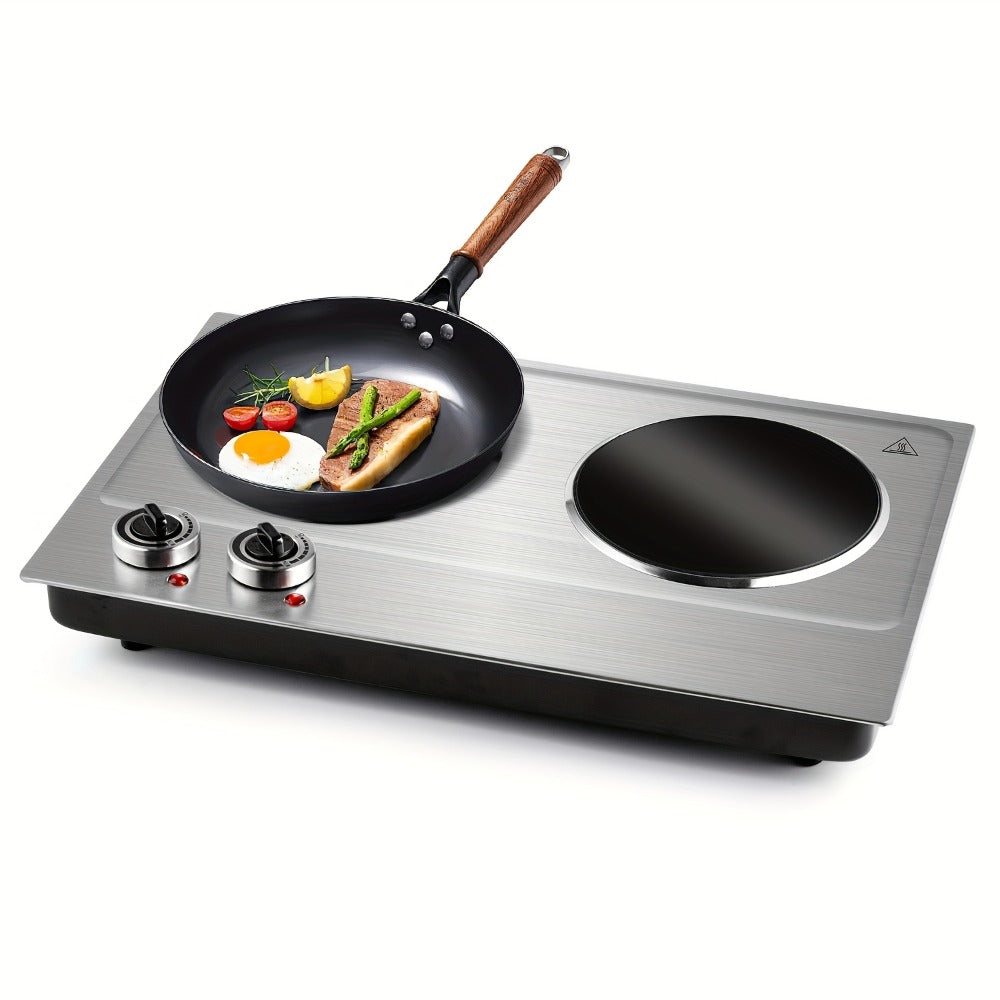 Electric Infrared Cooktop Double Burner Hot Plate ¨C 1800W Portable Dual Temperature Control, Easy-Clean Smooth Surface, Countertop Infrared Stove for Home Kitchen & Dorm, Black or Silver