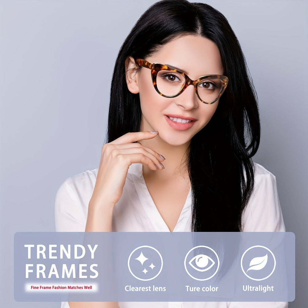 Cat Eye Reading Glasses 4 Pack Women Blue Light Blocking ¨C Leopard Print Gradient Stylish Frames, Spring Hinges, Computer Readers for All Face Shapes, Multiple Magnification Strengths