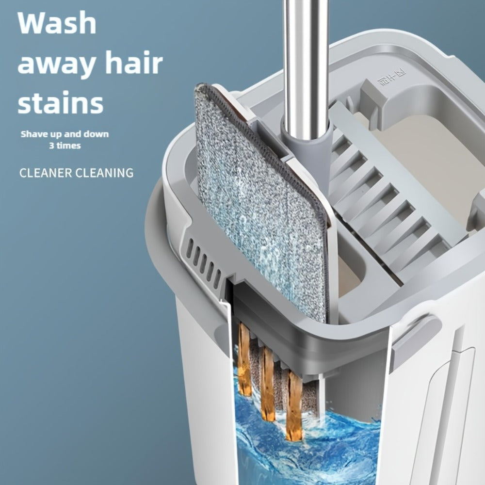 Flat Mop with Bucket Set, Hands-Free Wringing Floor Mop, 6 Replacement Microfiber Cloths, Wet & Dry Dual-Use, Durable Plastic Frame, for Hardwood Tile Laminate Bedroom Kitchen Living Room Bathroom